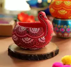Handicraft Washable Terracotta Modern Swan Diya Tealight T-Light Holder - Red